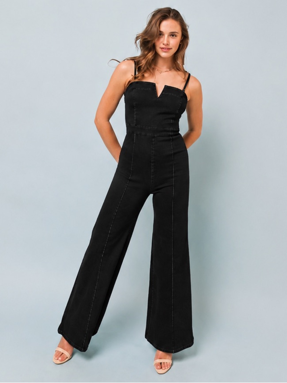 Flying Tomato Spaghetti Strap Wide Leg Denim Jumpsuit Black
